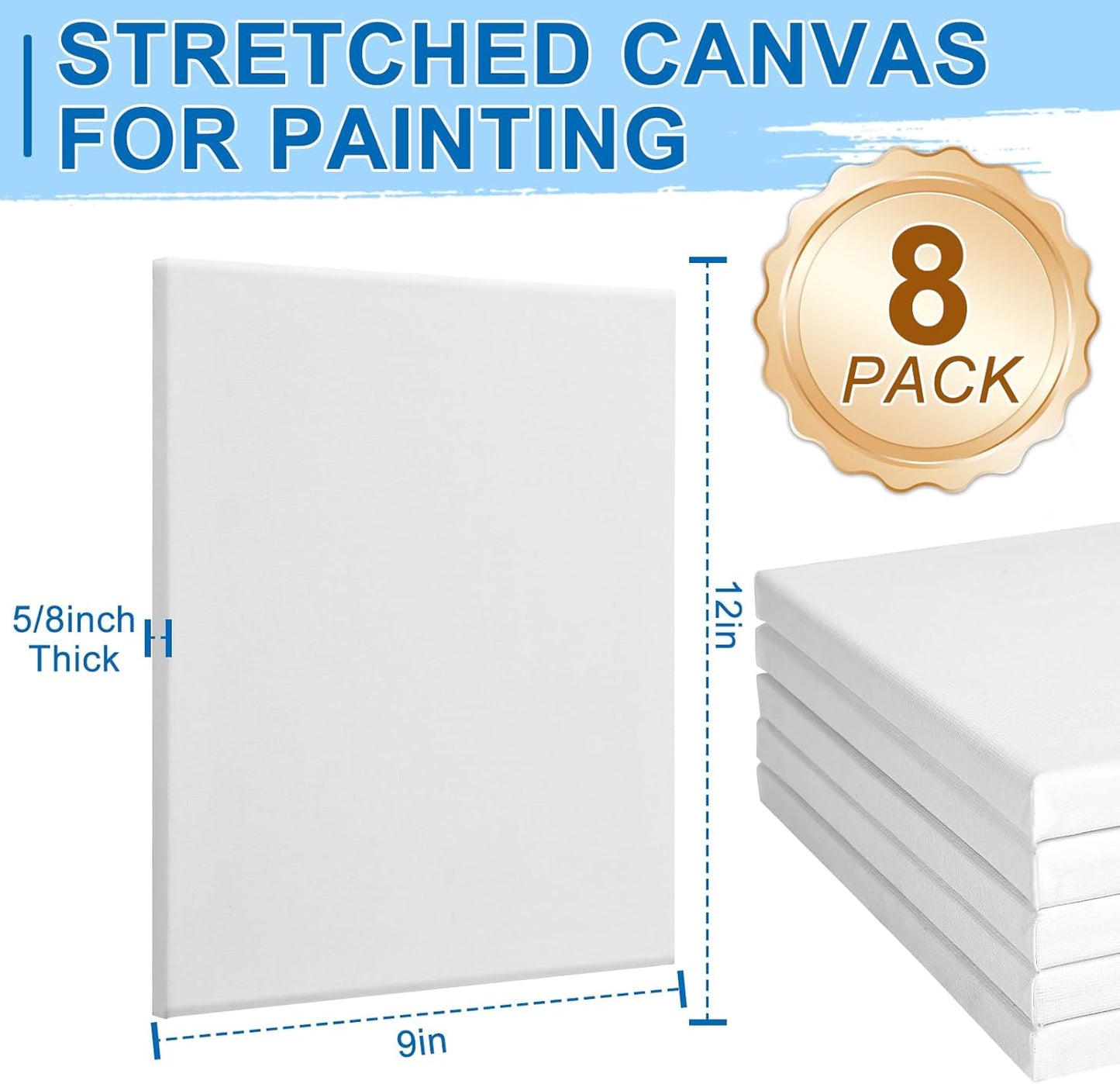 ESRICH Stretched Canvas for Painting, 8 Pack 9x12 Inch Canvas Value Pack,Primed Acid-Free Cotton Blank Canvases, Painting Canvas for Oil & Acrylic Paint.