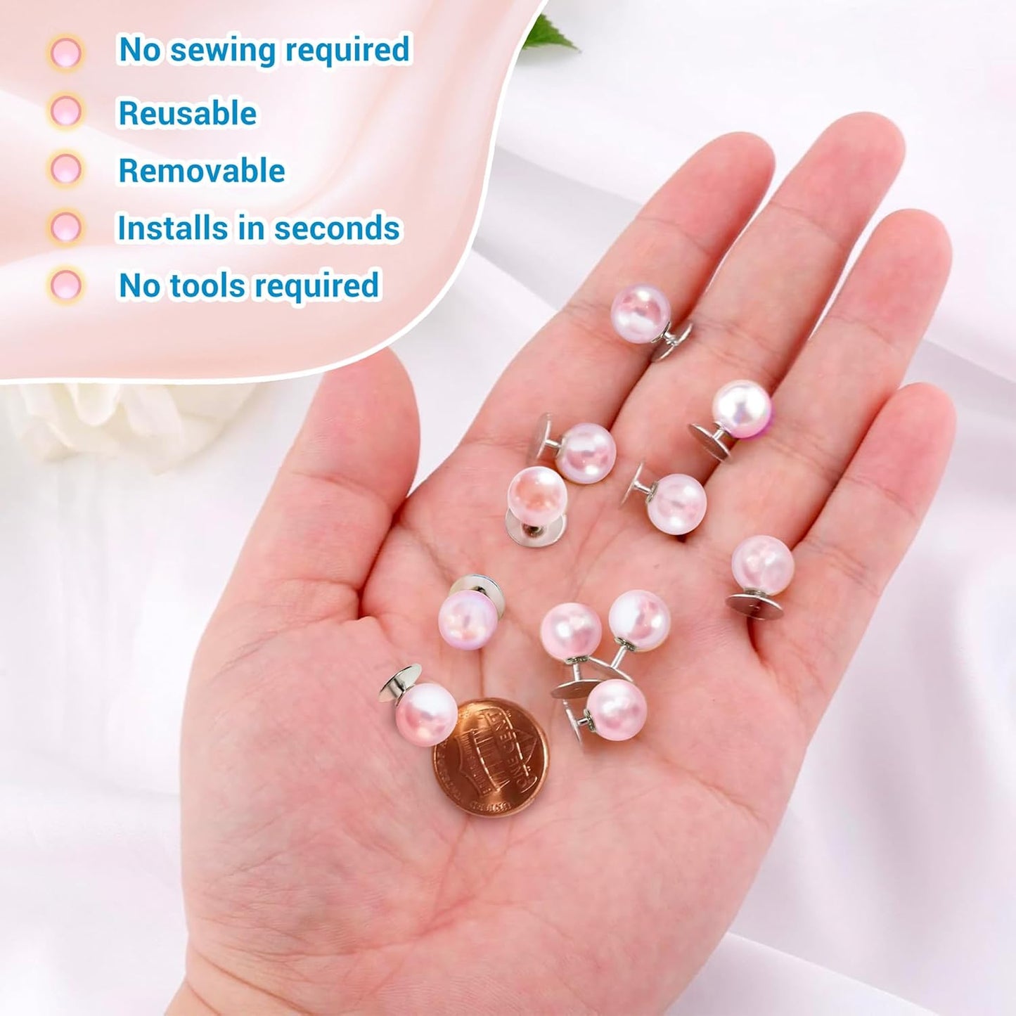 50 Sets Pearl Buttons No Sew Buttons for Clothes, 10mm Pearl Brooch Pins Reusable for Women, Pink Safety Pins for Dresses, Shirts, DIY Crafts, Fashion Decorative Accessories