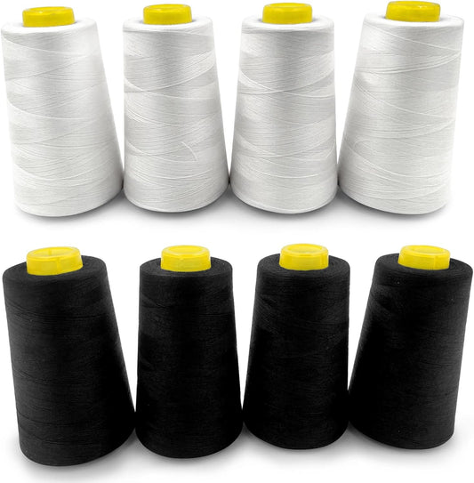 Tortoise 8 Cones of 3000 Yards Each Spool Thread for All Purpose Sewing - 100% Polyester for Serger Overlock Quilting Machine 40S/2 White+Black