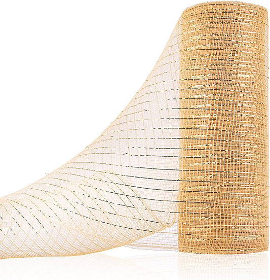 Anivia Deco Mesh Ribbon, 10inch x 30 Feet Each Roll Metallic Foil Mesh Ribbon for Wreaths Swags, Holloween, and Christmas Tree Decoration (Natural)