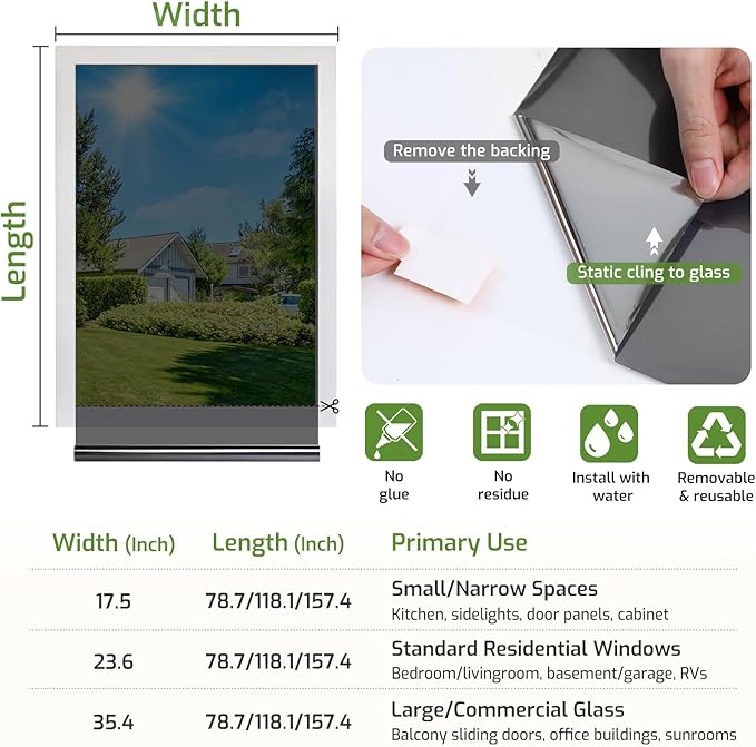 LUTE One Way Window Privacy Film, Window Tint for Home, Sun Blocking UV Heat Blocker, See Out Not in Reflective Mirror Film, Removable Static Cling Glass Door Cover, Black Silver, 35.4" x 157.4"