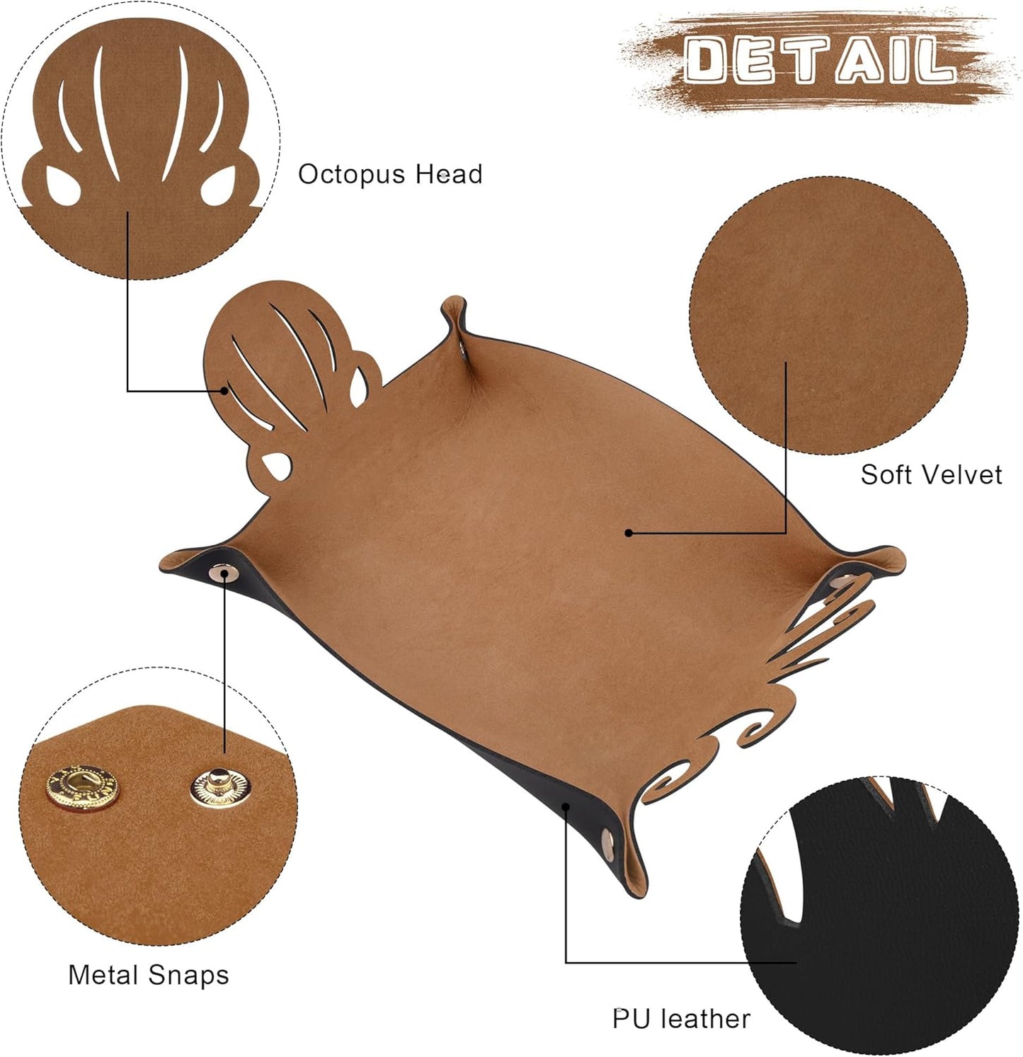 SIQUK 2 Pieces Octopus Dice Rolling Tray PU Leather Dice Mat Folding Scroll Dices Holder Trays for D&D RPG Games (Camel, Black)