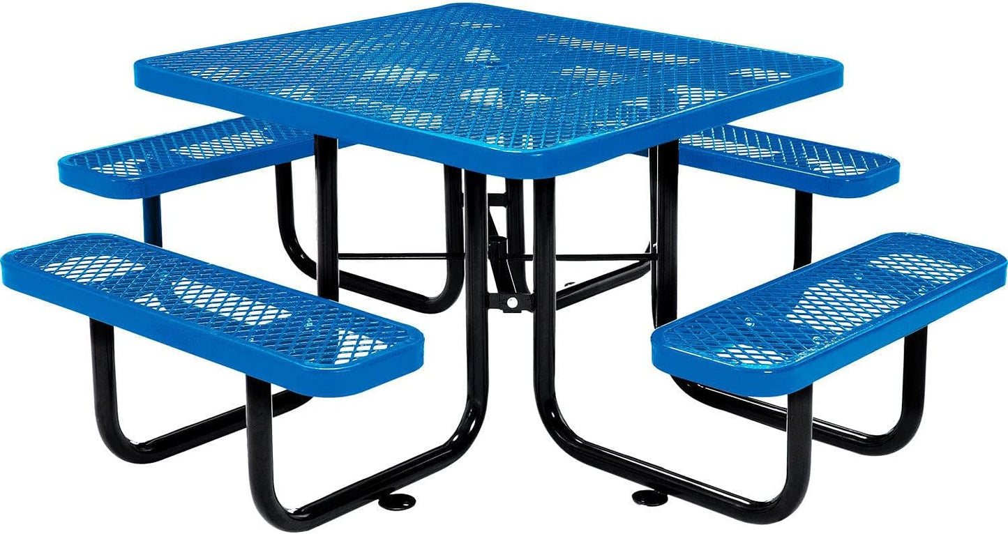 Global Industrial 46" Square Picnic Table, Expanded Metal, Blue Thermoplastic Coating, Attached Benches, 1-1/2” Umbrella Pole Hole, Outdoor-Rated, 1000 lb Capacity