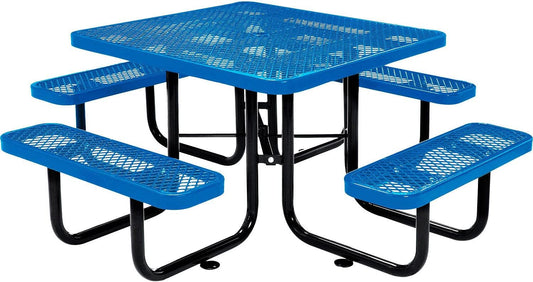 Global Industrial 46" Square Picnic Table, Expanded Metal, Blue Thermoplastic Coating, Attached Benches, 1-1/2” Umbrella Pole Hole, Outdoor-Rated, 1000 lb Capacity
