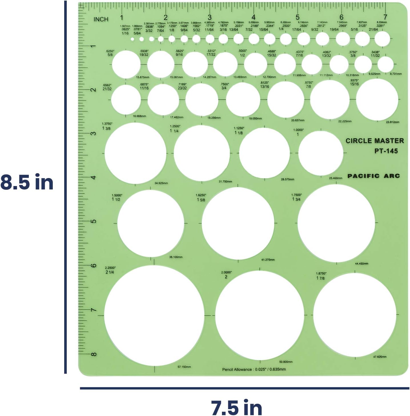 Pacific Arc Professional Circle Guide Template, 45 Total Circle from 1/16 Inch to 2.25 Inch with Inch Graduations