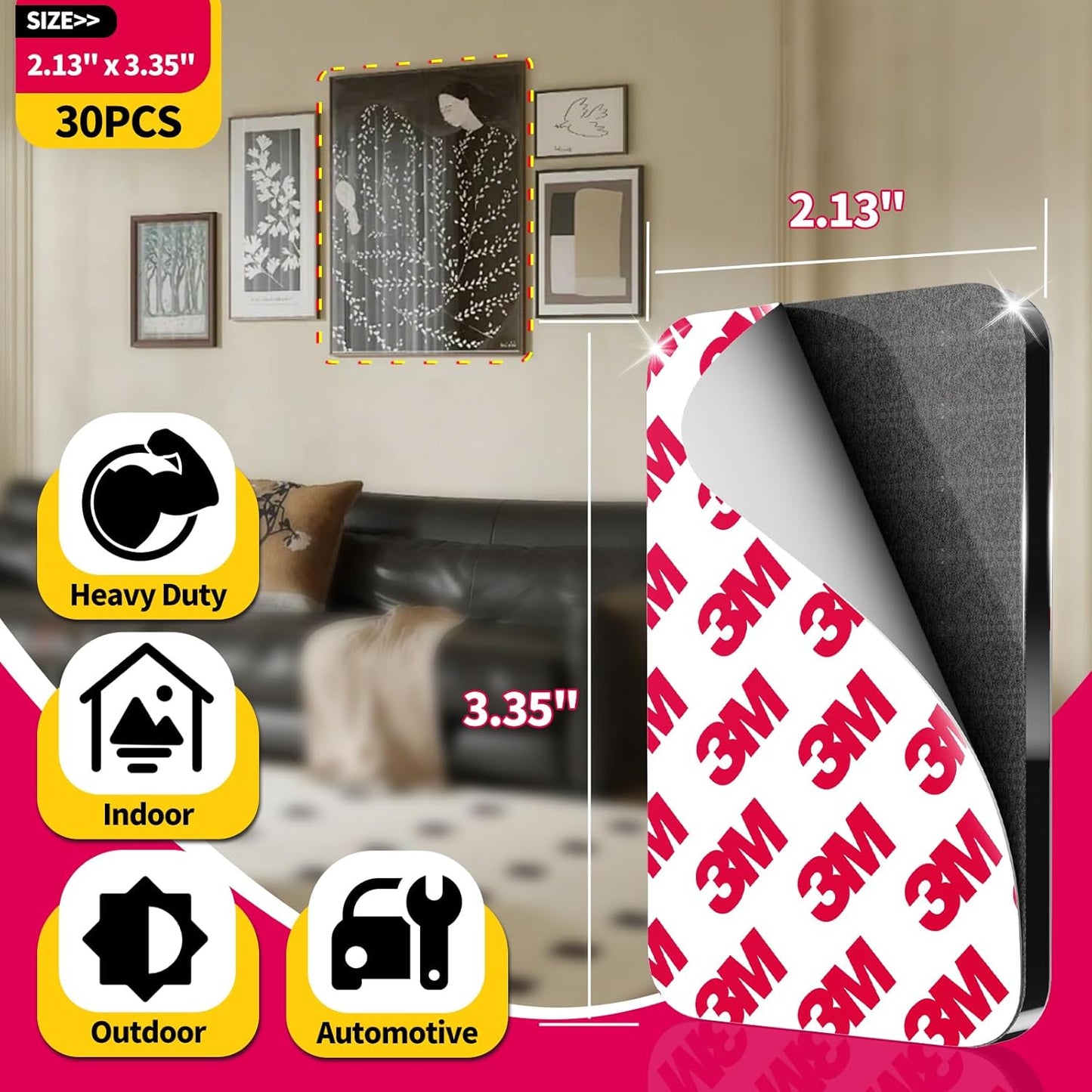 30 Pcs Large Strong Double Sided Adhesive Pads, Made of 3M, Heavy Duty Square Sticky Mounting Foam Tape for Car Décor Wall, 0.12" Thick Black Sticky Pads 2.13" x 3.35"