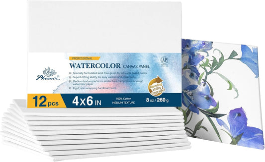 PHOENIX Watercolor Canvas Boards for Painting - 4x6 Inch/12 Pack, 100% Cotton Water Color Small Canvas Panels, 8 Oz. / 260g White Blank Medium Texture Flat Canvases for Water Based Paints