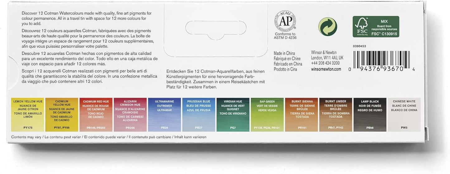 Winsor & Newton Cotman Watercolor Paint Set, Customisable Travel Tin, 12 Half Pan