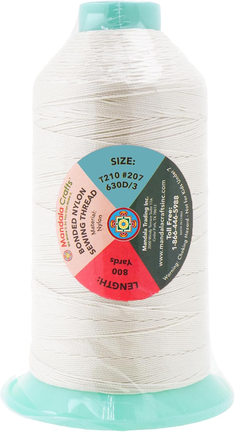 Mandala Crafts Bonded Nylon Thread Off White Heavy Duty Sewing Threads - 800 YDs Size 207 630D T210 Tex 210 Thread for Leather Jeans Weaving Outdoor Marine Upholstery Threads