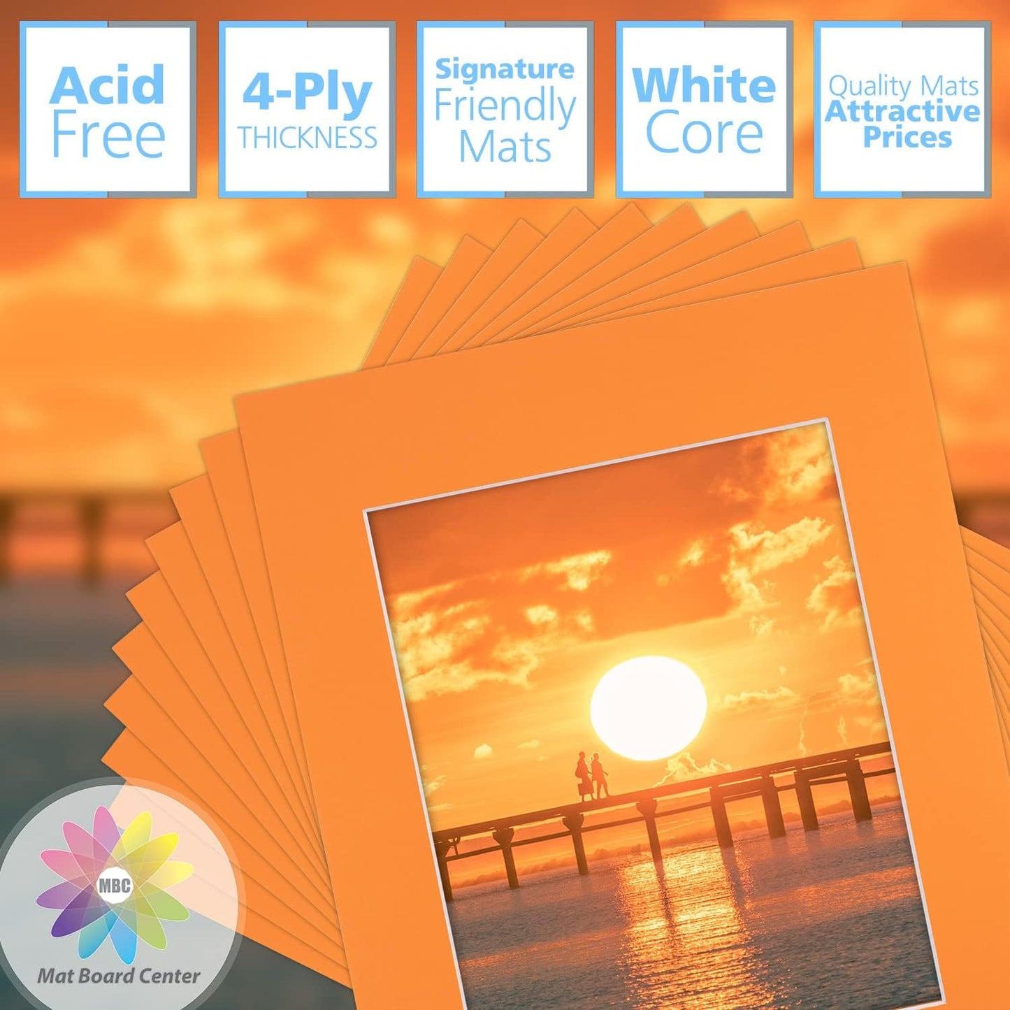 Mat Board Center, Pack of 10, 11x14 for 8x10 Orange Color Mats - Bevel Cut, Acid Free, 4-ply Thickness, White Core - for Pictures, Photos, Framing