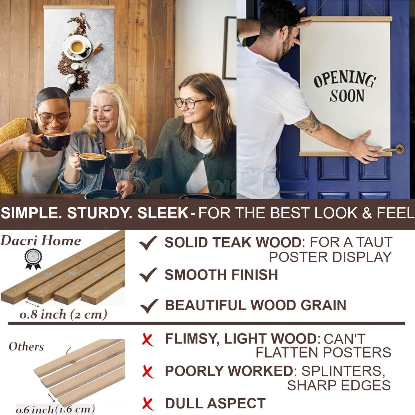 DACRI HOME 52" Magnetic Poster Hanger Frame - Sturdy Teak Wood Poster Frame 52x20 52x32 52x36, Strong Magnets for Easy Hanging Map Picture Canvas Print Scroll Wall Art (52 Inch, Natural Wood)