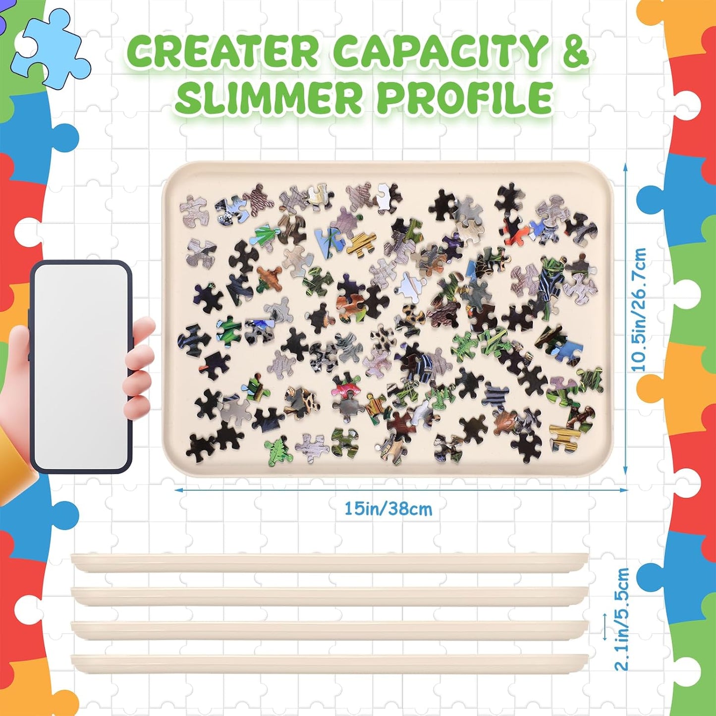 8 Pcs 15'' x 10.5' Extra Large Puzzle Sorting Trays Stackable Puzzle Trays for Sorting Piece Sorter Jigsaw Storage Accessory for 2000/3000/5000/6000 Pieces(Beige)