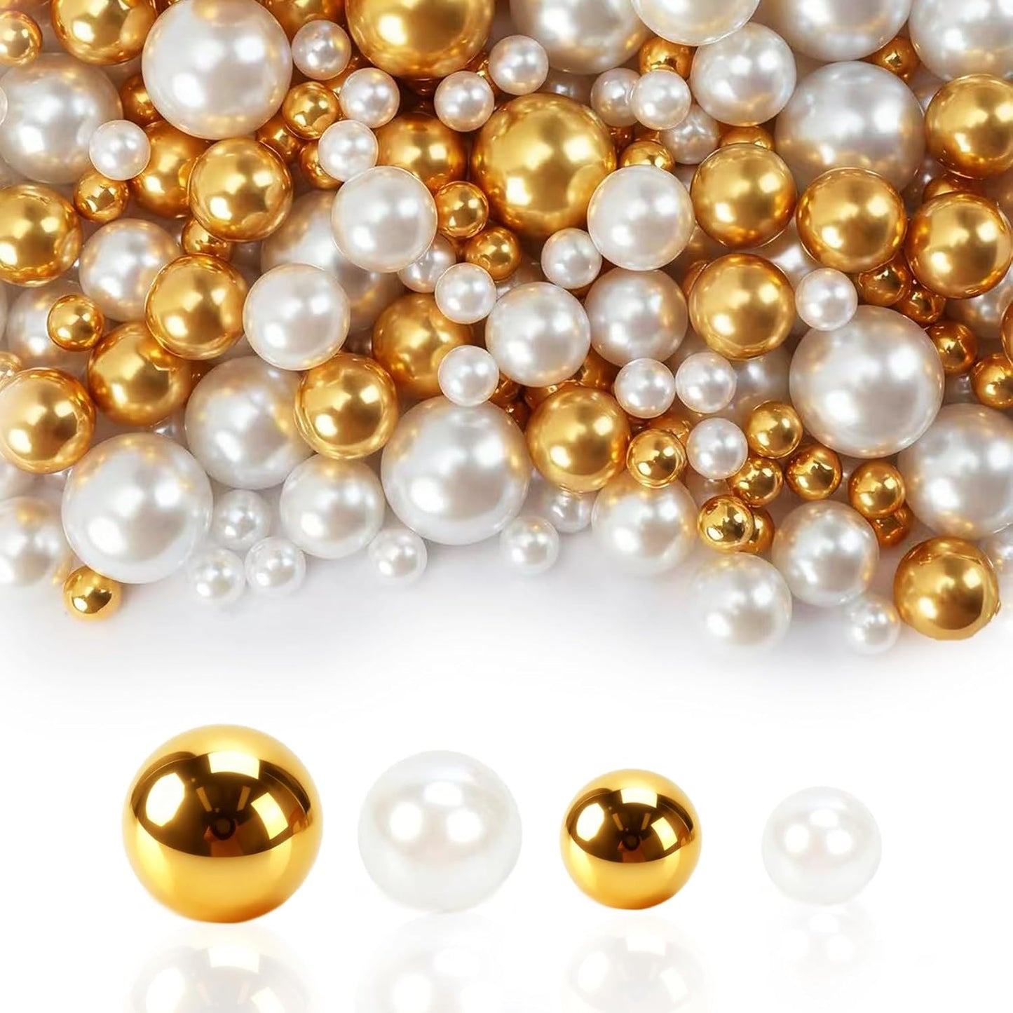 Pearl Beads No Hole Pearls for Crafting 180 Pcs Fake Pearls Faux Pearls for DIY Crafts Jewelry Making Vase Filler Floating Candle Wedding Birthday Party Home Decorations (Gold & Ivory, 8/10/14/20mm)
