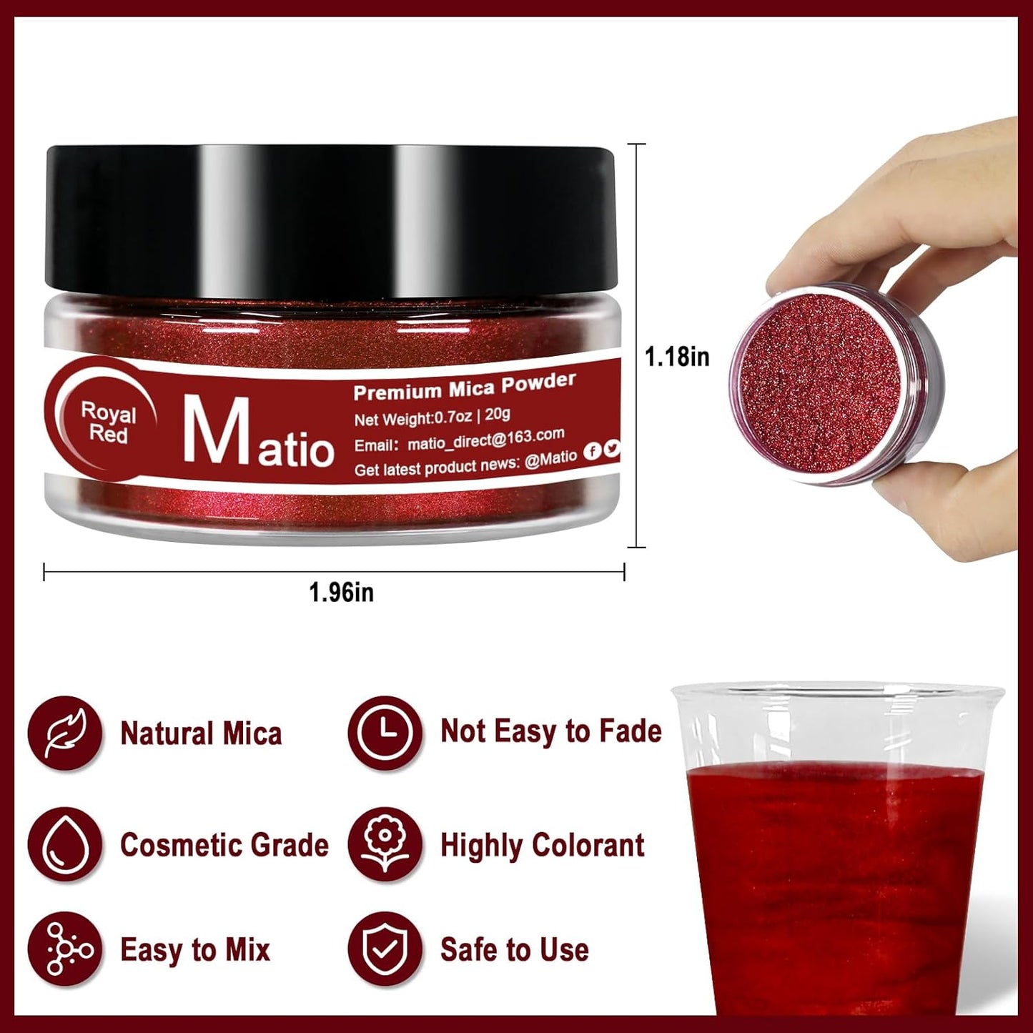 Matio Red Mica Powder, 0.7oz/20g Premium Mica Pigment Powder Natural Epoxy Resin Color Pigment for Soap Making, Bath Bombs,DIY Arts Crafts Additive Acrylic,Woodworking,Car Freshie Supplies (Royal Red)