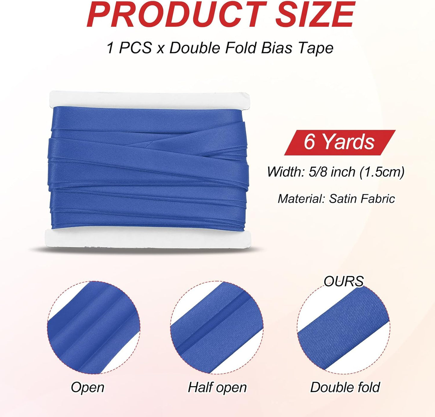 MECCANIXITY Double Fold Bias Tape for Sewing 5/8 Inch x 6 Yards Satin Pre-fold Continuous Binding Tape for Seaming Quilting Hemming Binding DIY Crafts, Sapphire Blue