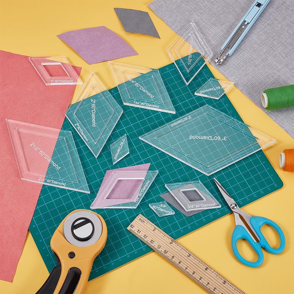 BENECREAT 16 Sizes Diamond Quilting Template, Acrylic Intricate Sewing Machine Ruler, Transparent Pressure Plate Router Template for DIY Hand Patchwork Cutting Craft, 6mm Thick