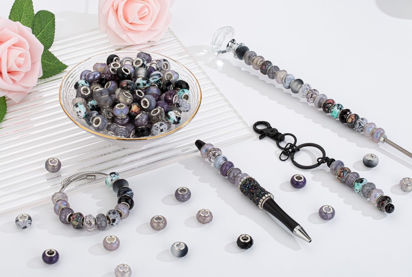 LAIDANLA Black Mix Large Hole Beads, 100pcs 14mm Round Resin, Plastic, Acrylic Loose Beads for Jewelry Making, Crafts & Decoration