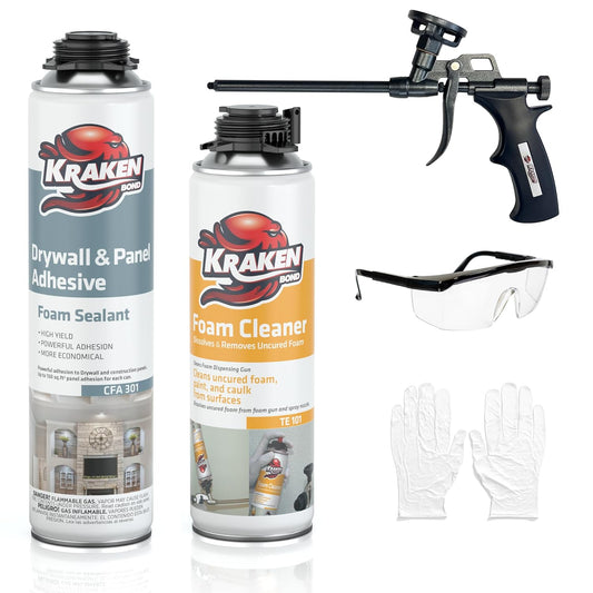 KRAKEN BOND Drywall & Panel Adhesive Foam - (1x24oz) Heavy-Duty, Fast-Curing Construction Adhesive for Concrete, Wood, and Heat Insulation Applications - Gun&Gun Cleaner Set