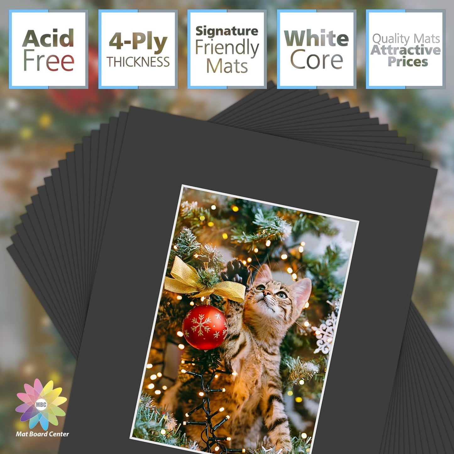 Mat Board Center, Pack of 25, 8x10 for 5x7 Black Mats - Acid Free, 4-ply Thickness, White Core - for Pictures, Photos, Framing