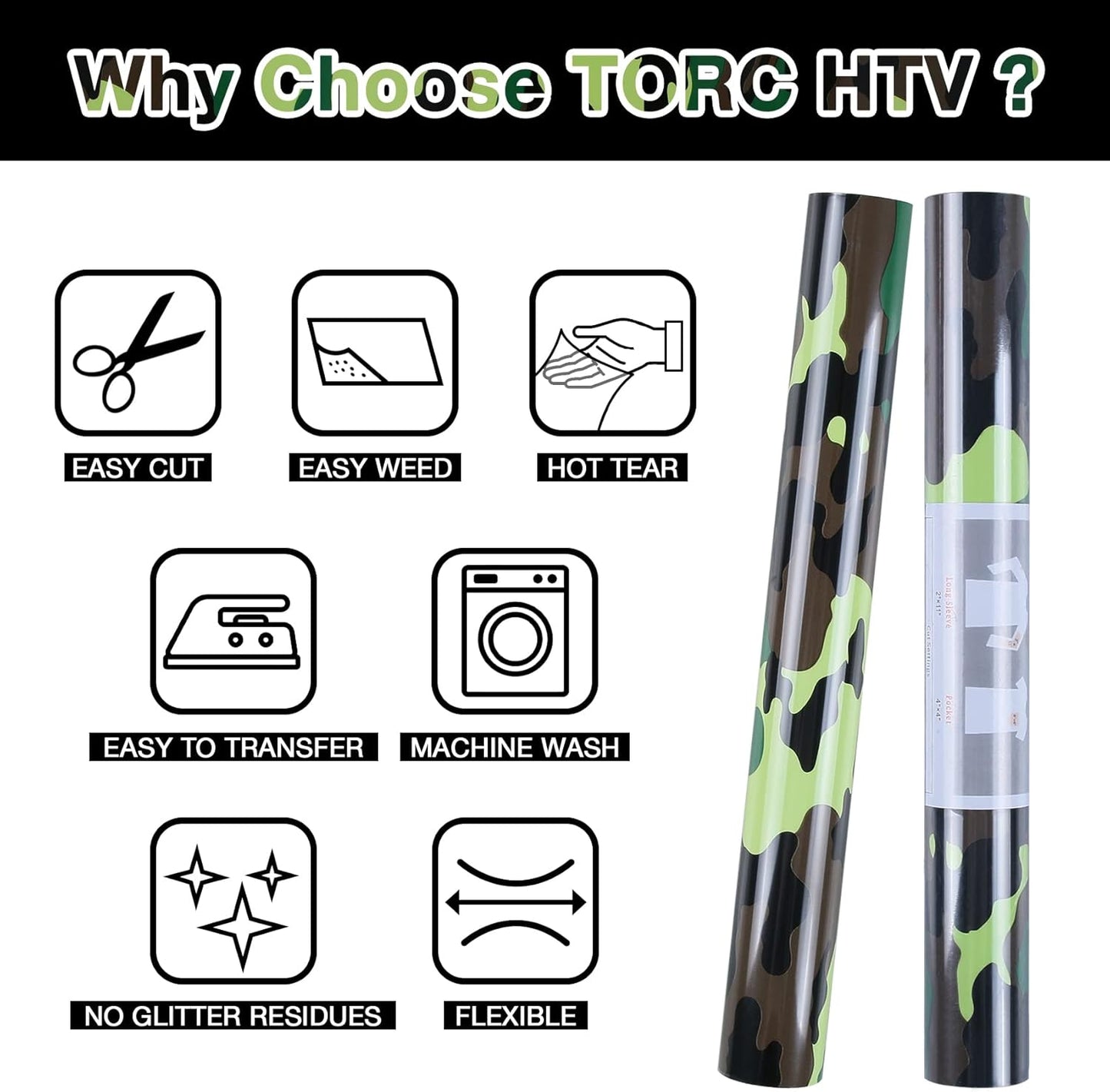 TORC Army Green Camouflage Heat Transfer Vinyl 12 inch x 5 ft, Camo HTV Vinyl Iron on Transfer for T-Shirts