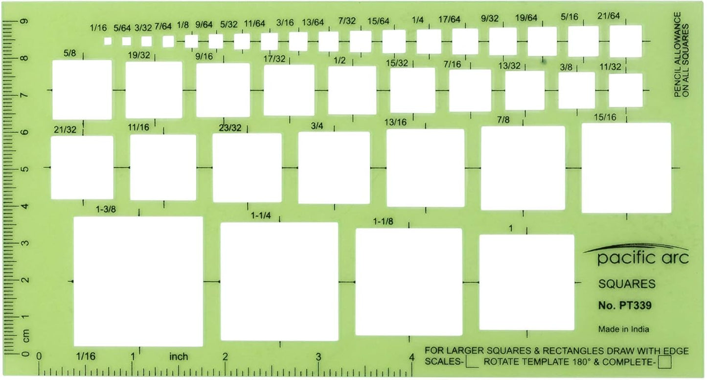 Pacific Arc Squares Template Guide, 39 Squares ranging from 1/16 inch to 1 and 3/8 inch