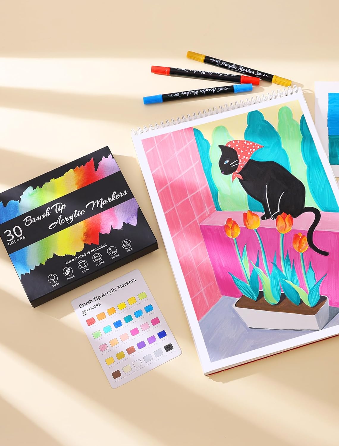 30 Colors Acrylic Paint Pens Markers Waterproof Dual Tip Acrylic Marker Set with Brush & Fine Tip Kid Markers for Rock Painting Wood Scrapbook Fabric Glass Ceramic DIY Craft Art Supplies