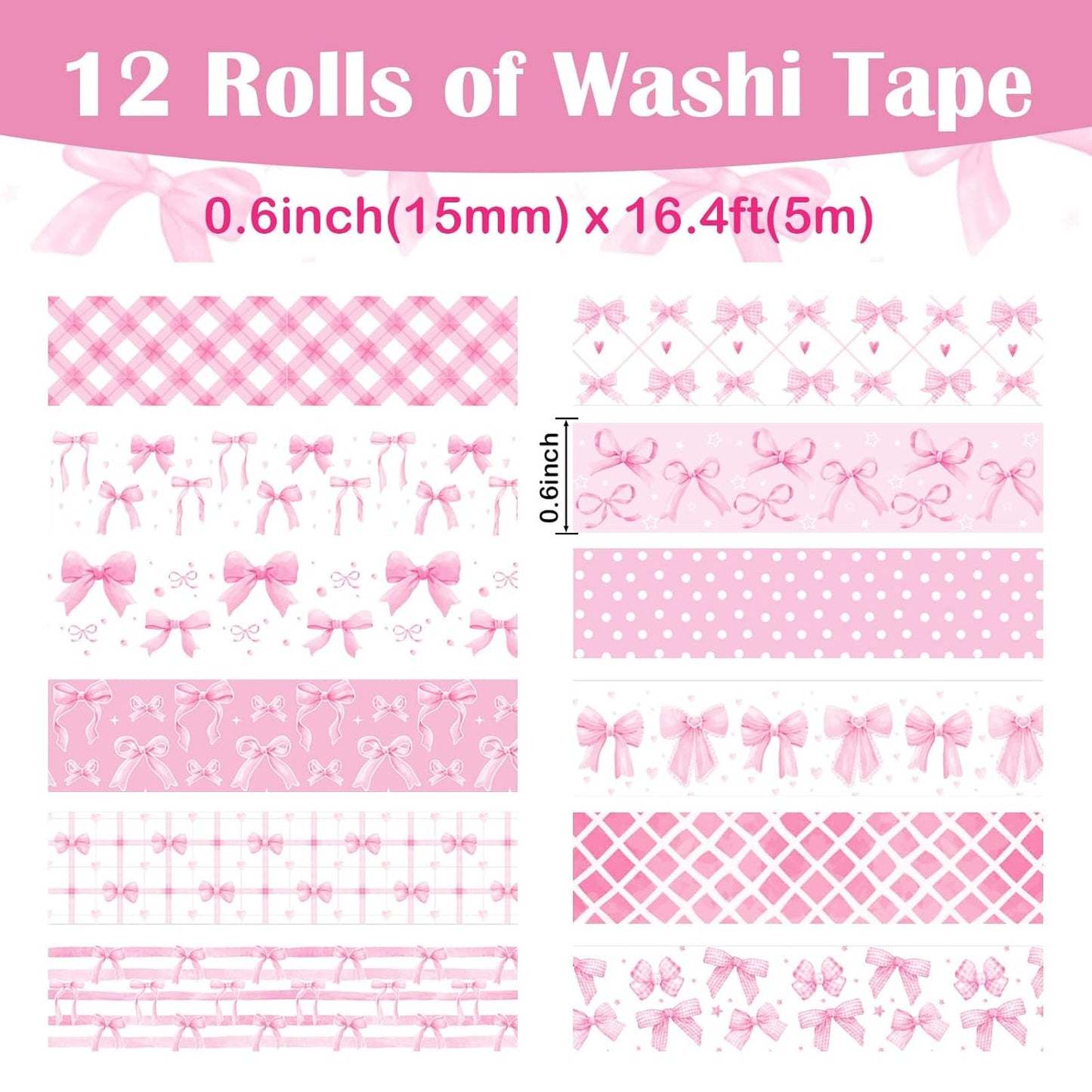 12 Rolls Pink Bow Washi Tape, Bowknot Plaid Adhesive Masking Tapes Decorative Pink Coquette Paper Tape for Scrapbook Journal Planners DIY Art Crafts Gift Wrapping 16.4FT