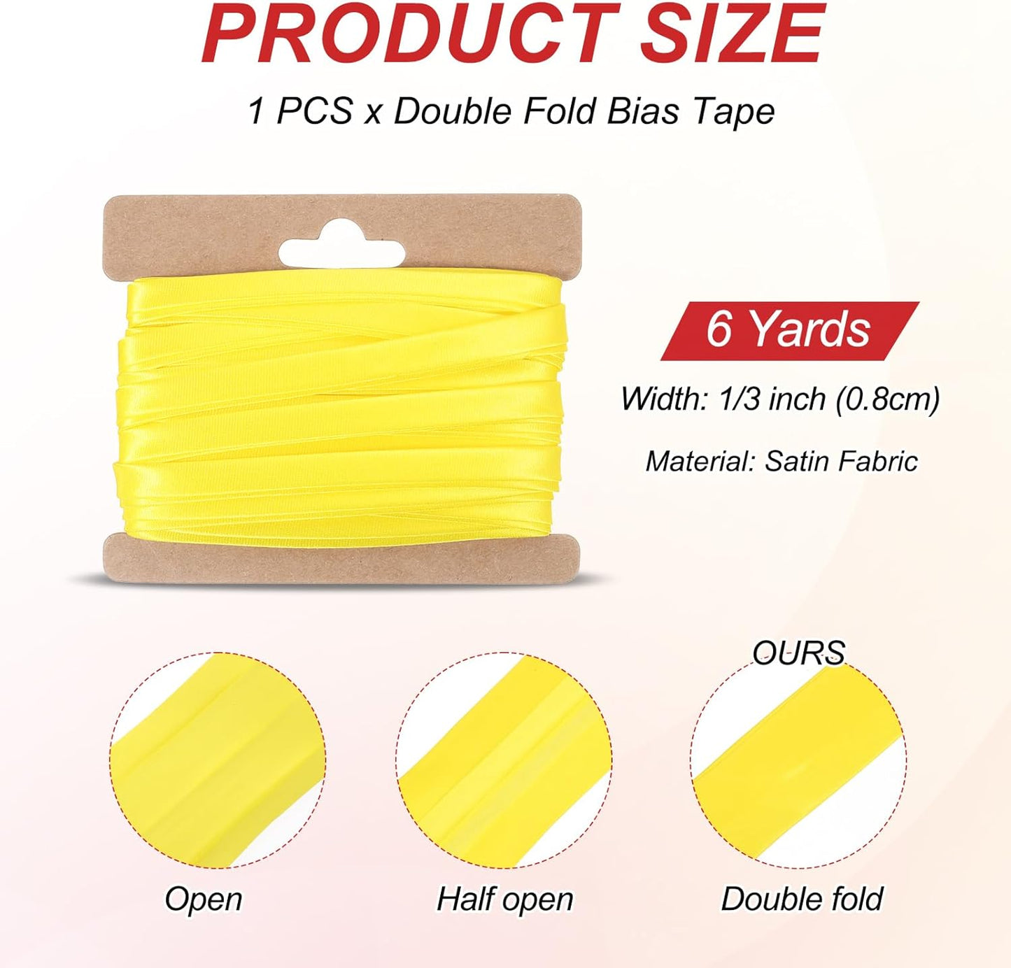 MECCANIXITY Double Fold Bias Tape for Sewing 1/3 Inch x 6 Yards Satin Pre-fold Continuous Binding Tape for Seaming Quilting Hemming Binding DIY Crafts, Yellow