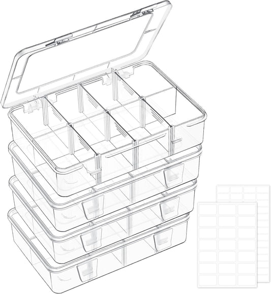 4 Pack 8 Grids Bead Organizer and Storage, Clear Plastic Storage Containers with Removable Dividers and Labels Small Tackle Box Organizer for Jewelry Crafts Electronics Small Parts