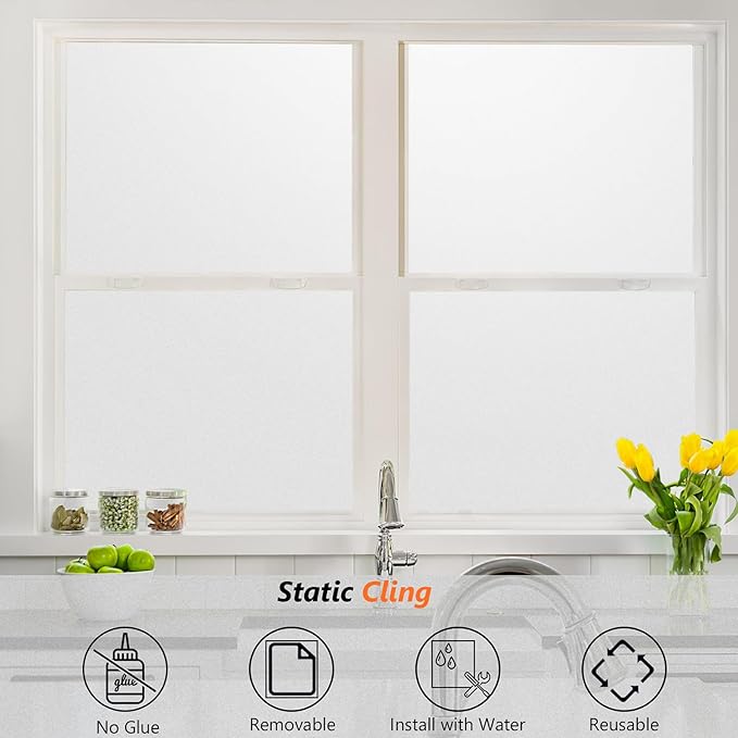 Kromapolis Window Privacy Film Frosted Glass Window Film, Heat Blocking Privacy Film for Glass Windows, Static Cling Non-Adhesive Frosting Window Stickers for Door Home (Frosted, 35.4 x 157.4 inch)