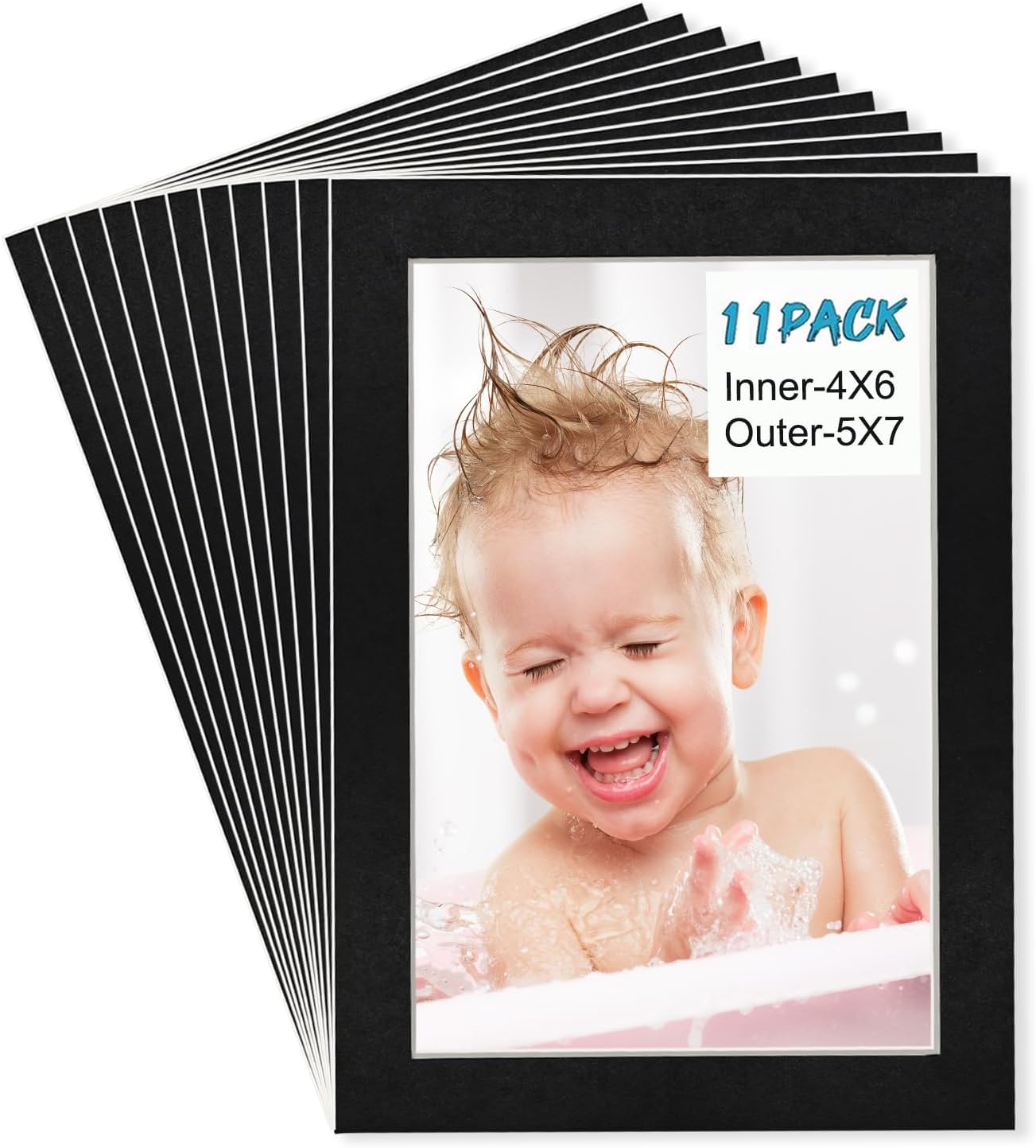 Egofine 5x7 Black Picture Mats Pack of 11, Frame Mattes for 4x6 Pictures, Acid Free, 1.2mm Thickness, with Core Bevel Cut