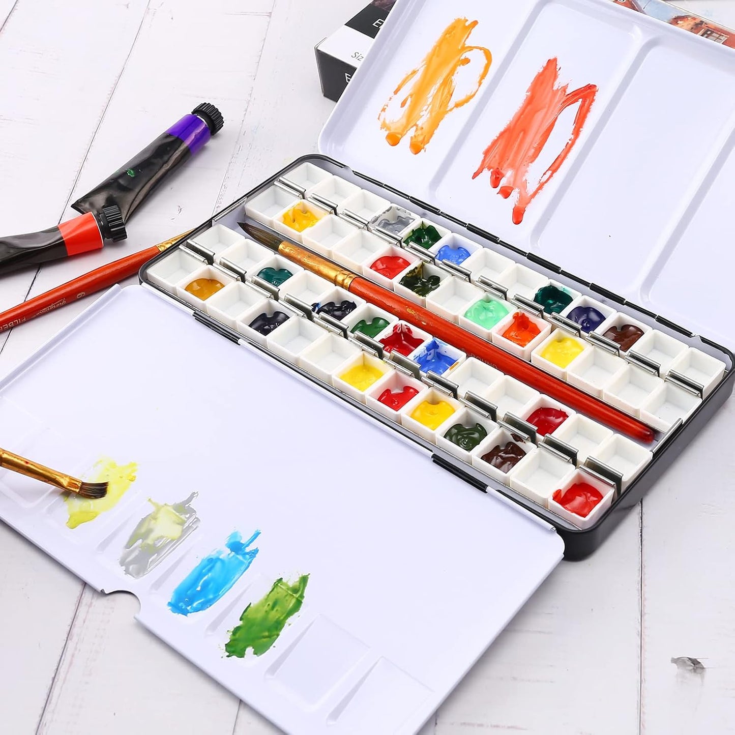 LOONENG Empty Watercolor Palette, Metal Watercolor Tin with Fold-Out Palette, Large Watercolor Tray Palette with 52 Empty Watercolor Half Pans for Plein Air Painting, Acrylic and Oil Painting