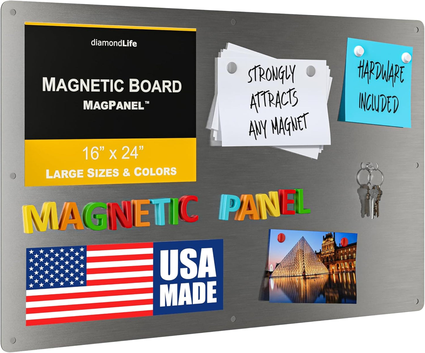 Diamond Life Magnetic Board - Memo & Vision Board for Home, School & Office - Magnet Board for Kids - Pre-drilled Mounting Screws Included (Stainless Steel 16"x24")