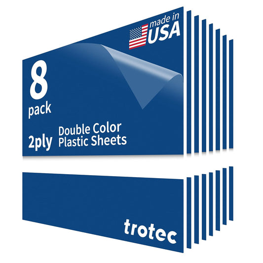 Trotec TroLase | 12"x12"x1/8", 8 Pcs | Blue/White | 2 Ply | Modified Acrylic | Laser Engraving Double Color Plastic Sheet | Engraving Blanks for Laser, Saw, Guillotine | Made in USA