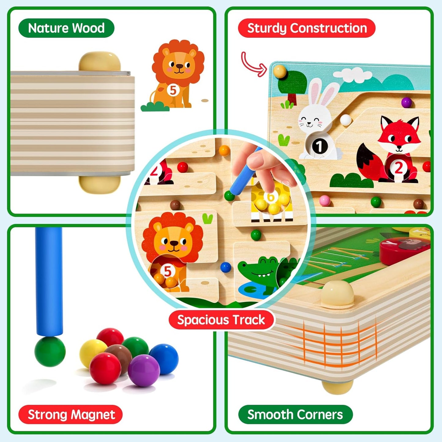 2 in 1 Magnetic Color and Number Maze Magnet Alphabet Counting Double Sided Board Wood Puzzle Fine Motor Skills Montessori Preschool Toys Gifts for Boys and Girls 3-5 Age (Zoo, One Size)