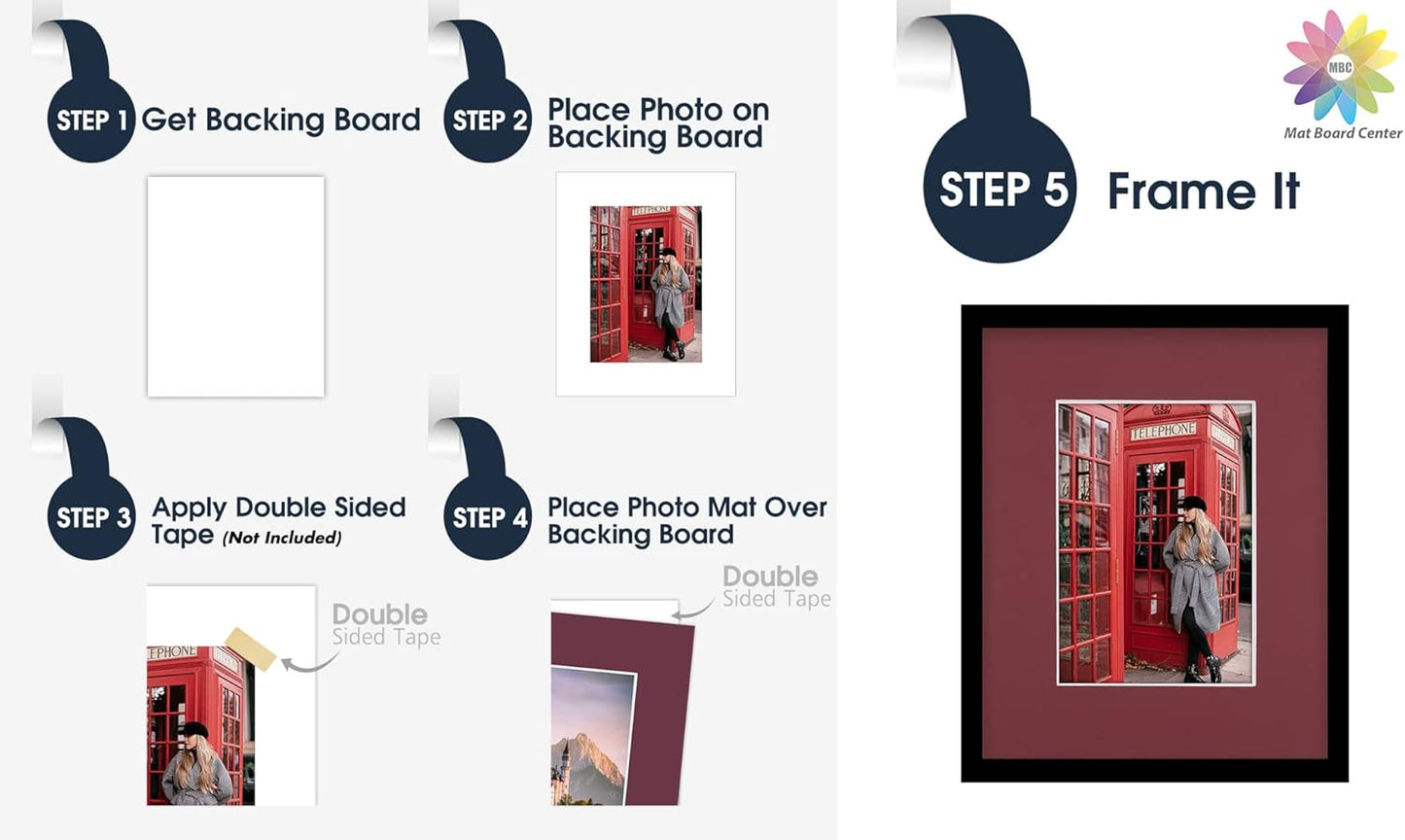 Mat Board Center, Pack of 10, 8x10 for 5x7 Maroon Color Mats - Bevel Cut, Acid Free, 4-ply Thickness, White Core - for Pictures, Photos, Framing