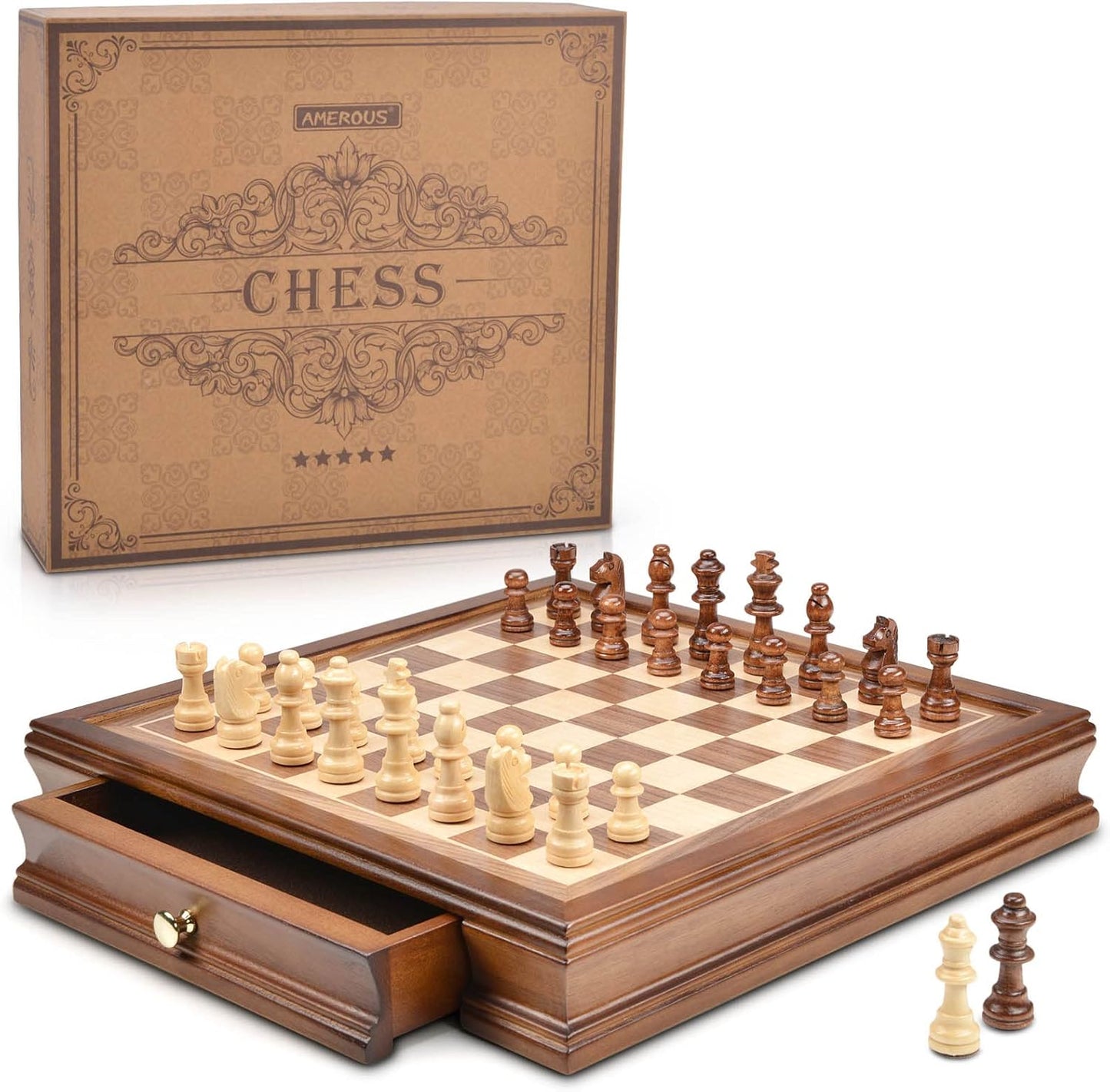 AMEROUS 12.8" x 12.8" Magnetic Wooden Chess Set with 2 Built-in Storage Drawers - 2 Bonus Extra Queens - Gift Packaging - Staunton Chess Pieces, Board Games Chess Sets for Adults and Kids