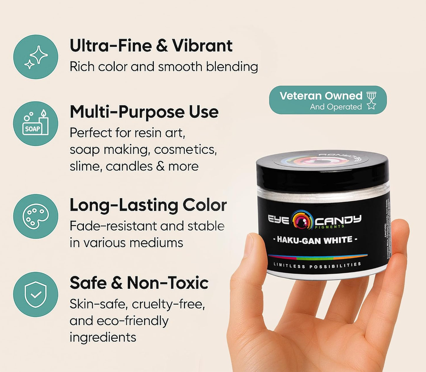 Eye Candy Pigments Premium White Mica Powder - Haku-Gan White (50gr) - for Epoxy, Resin, Soap, Paint, Woodworking, Acrylic Pouring, Bath Bombs, Fishing Lures - DIY Arts and Crafts Additive