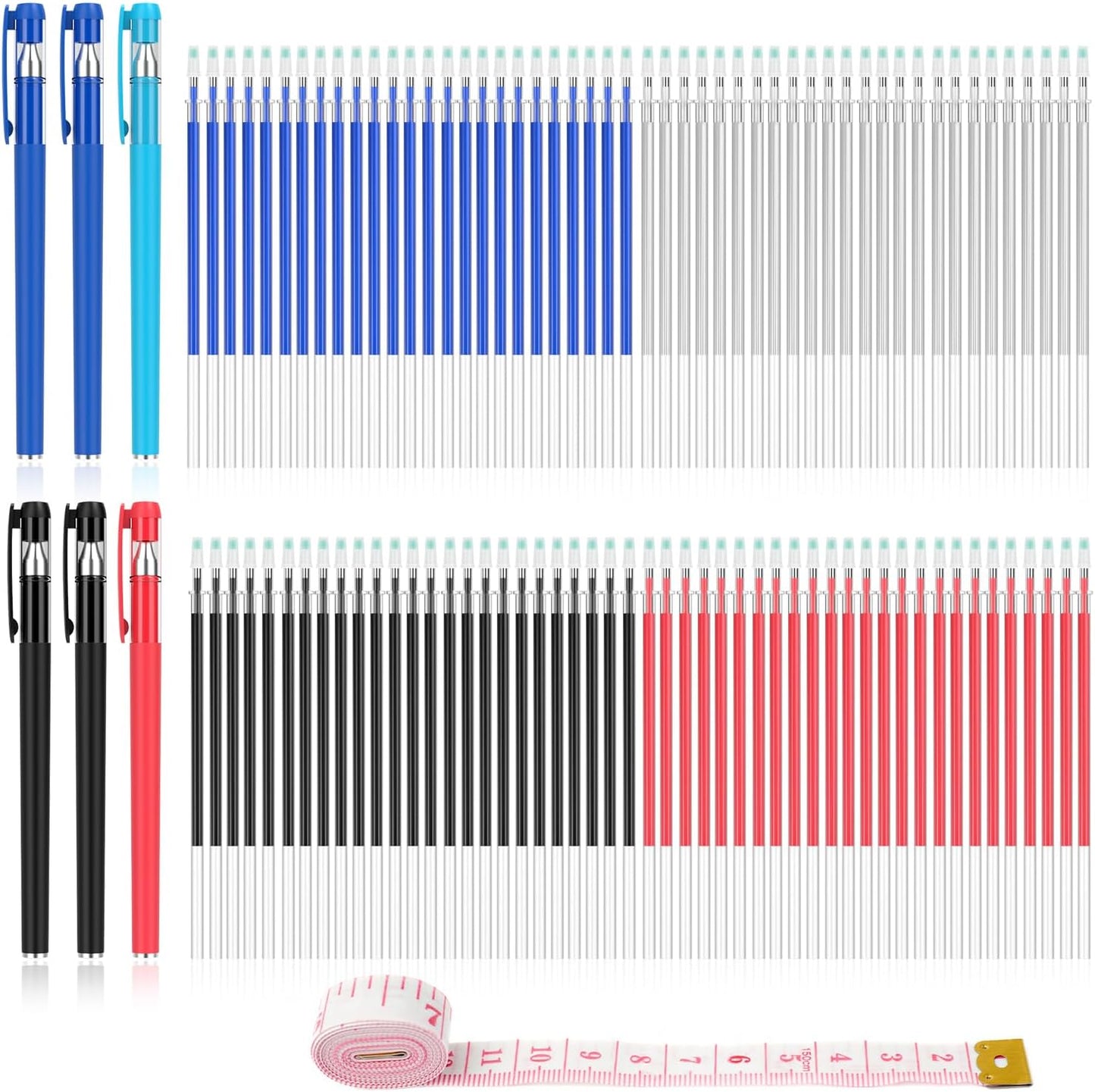 Fabric Markers for Sewing, Quilting, Embroidery and Needlework, 6 pens, 100 replacement refills and a tape measure, tailor, sewing office aid markers.