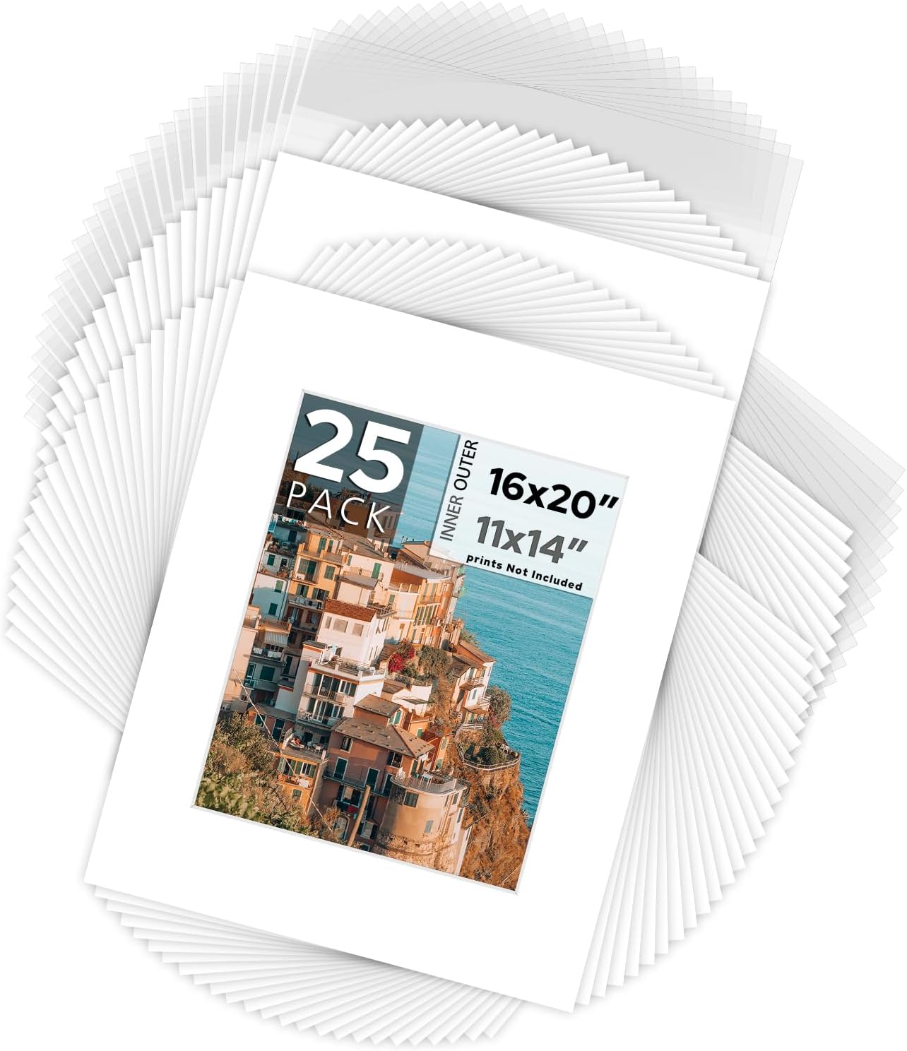 Mat Board Center, Pack of 25, 16x20 for 11x14 White Picture Mat Sets - Acid Free, 4-ply Thickness, Bevel Pre-Cut White Core - Includes Backing Boards and Clear Bags - for Pictures, Photos, Framing