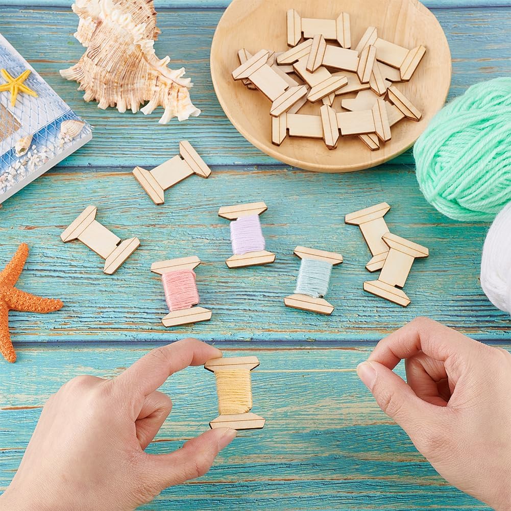 PH PandaHall 20pcs Thread Organizer Bobbin Winder Embroidery Thread Storage Floss Keeper Knitting Thread Holder Spool Shape Wood Bobbins Card for Sewing Crochet Needlework Tool 1.2x1.5 Inch
