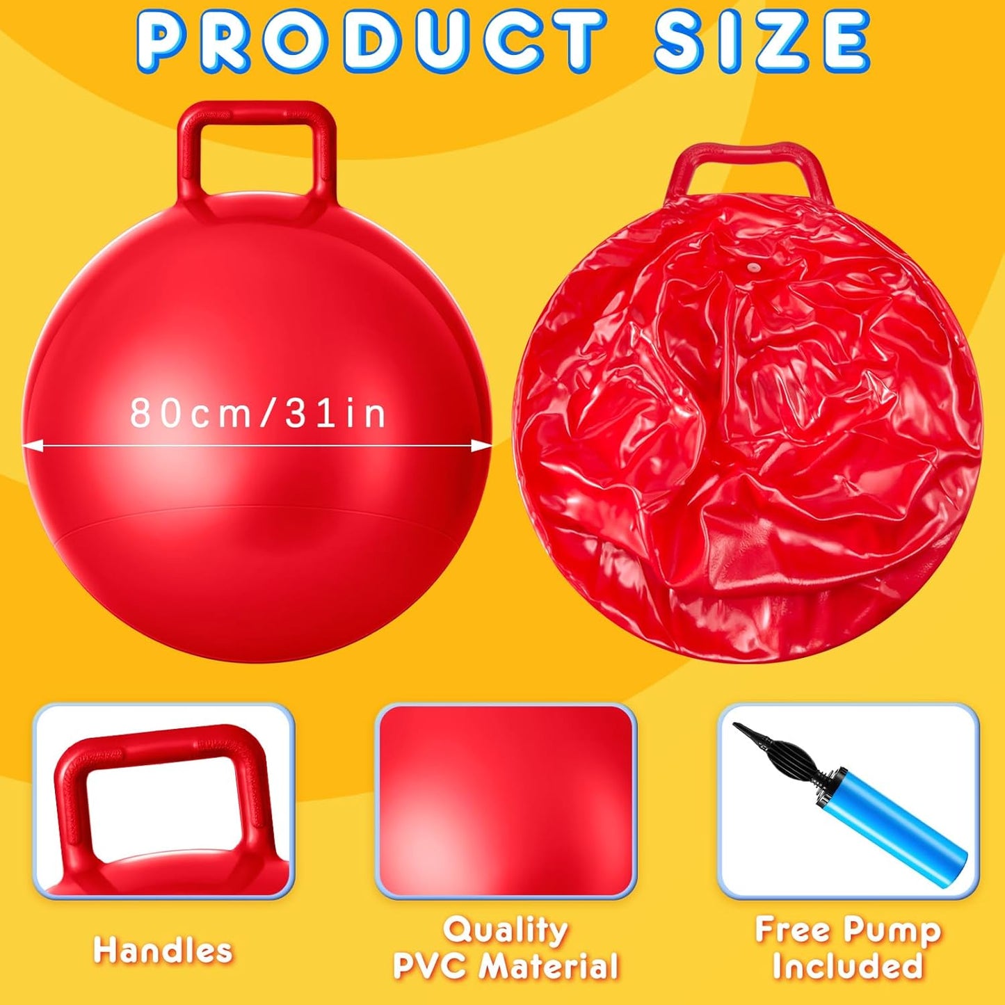 Lewtemi 3 Pcs 31 Inch Bouncing Ball with Handle, Outdoors Hopper Jumping Hopping Ball and Air Pump for Sports Exercise (Red, Blue, Yellow)