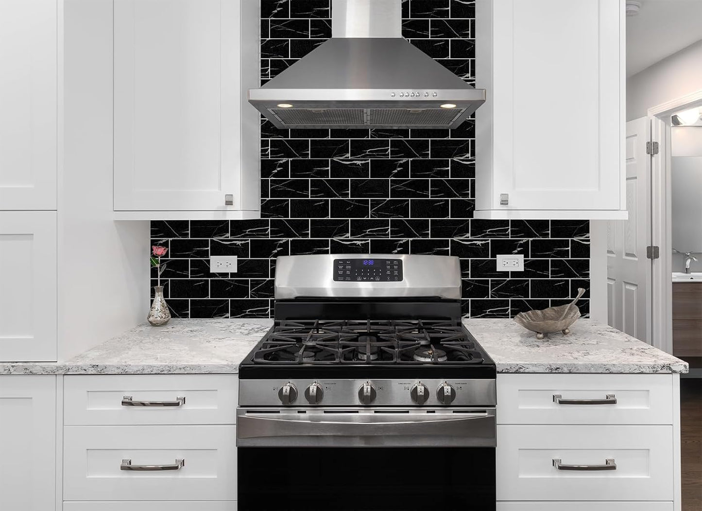 100 Pieces Peel and Stick Backsplash for Kitchen, 3" x 6" PVC Subway Tile Upgraded Nero Marquina with White Grout Backsplash Stick on Tile Elevate Kitchen, Bathroom, Fireplace,RV