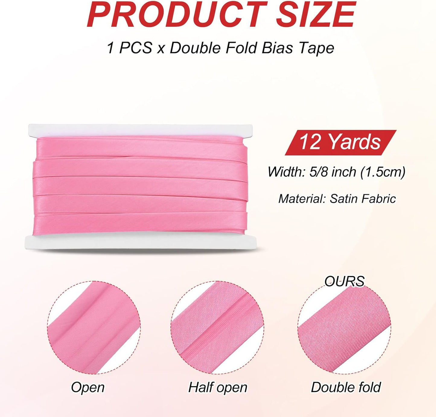 MECCANIXITY Double Fold Bias Tape for Sewing 5/8 Inch x 12 Yards Satin Pre-fold Continuous Binding Tape for Seaming Quilting Hemming Binding DIY Crafts, Pink
