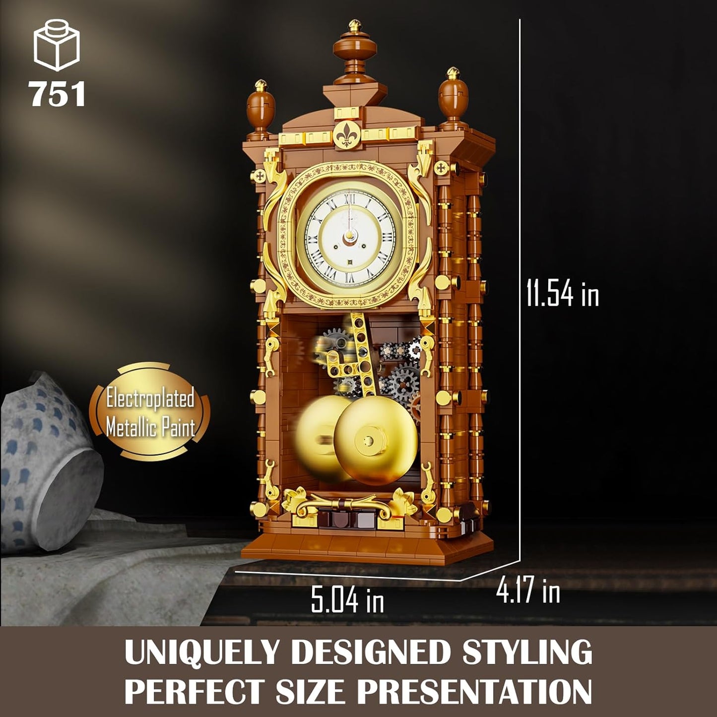 Retro Swing Clock Building Blocks Set, Vintage Pendulum Clock with Functional Clock Mechanism Model Kit, Creative Gift Toys for Adults Teens 14+ (751 Pieces)