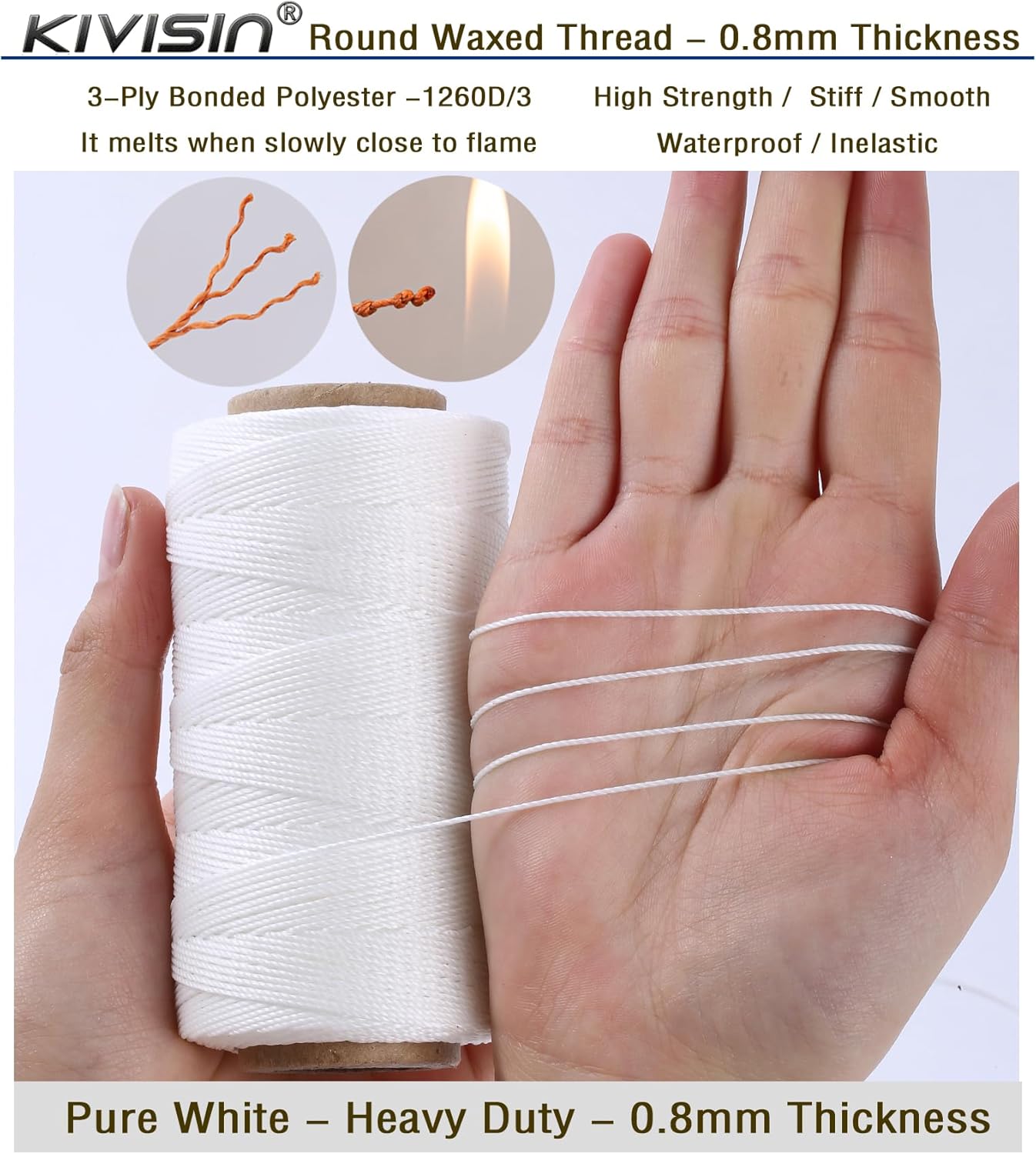 Bonded 0.8mm Round Waxed Polyester Cord, 3-ply Wax Coated Thread, 197 Yards Stiff String for Heavy Duty Fabric, Leather Sewing, Book Binding, Upholstery Repair, and Macrame Jewelry - White