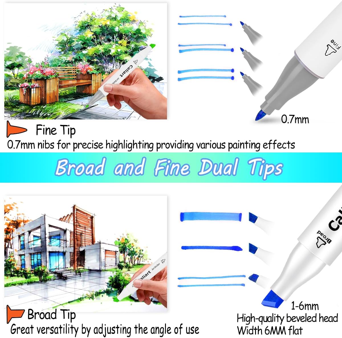 Caliart Markers, 100 Colors Dual Tip Art Markers Sketch Pens Permanent Alcohol Based, with Case for Adult Artist Halloween Drawing Sketching (White Barrel)