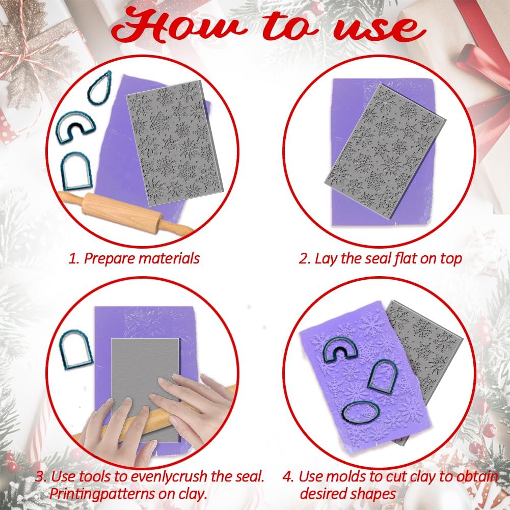 4PCS Christmas Polymer Clay Texture Sheets Set for Using with Clay Cutters, Snowflake Clay Texture Mats, Jewelry Making DIY Christmas Craft Tools