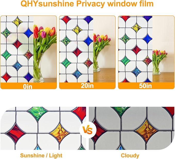 Stained Glass Window Film - Non-Adhesive Colorful Privacy Film | Privacy Protection, Reusable & Renter Friendly | Perfect for Bedroom/Bathroom Room Decor (Frosted Mosaic, 23.6 x 78.7 in)