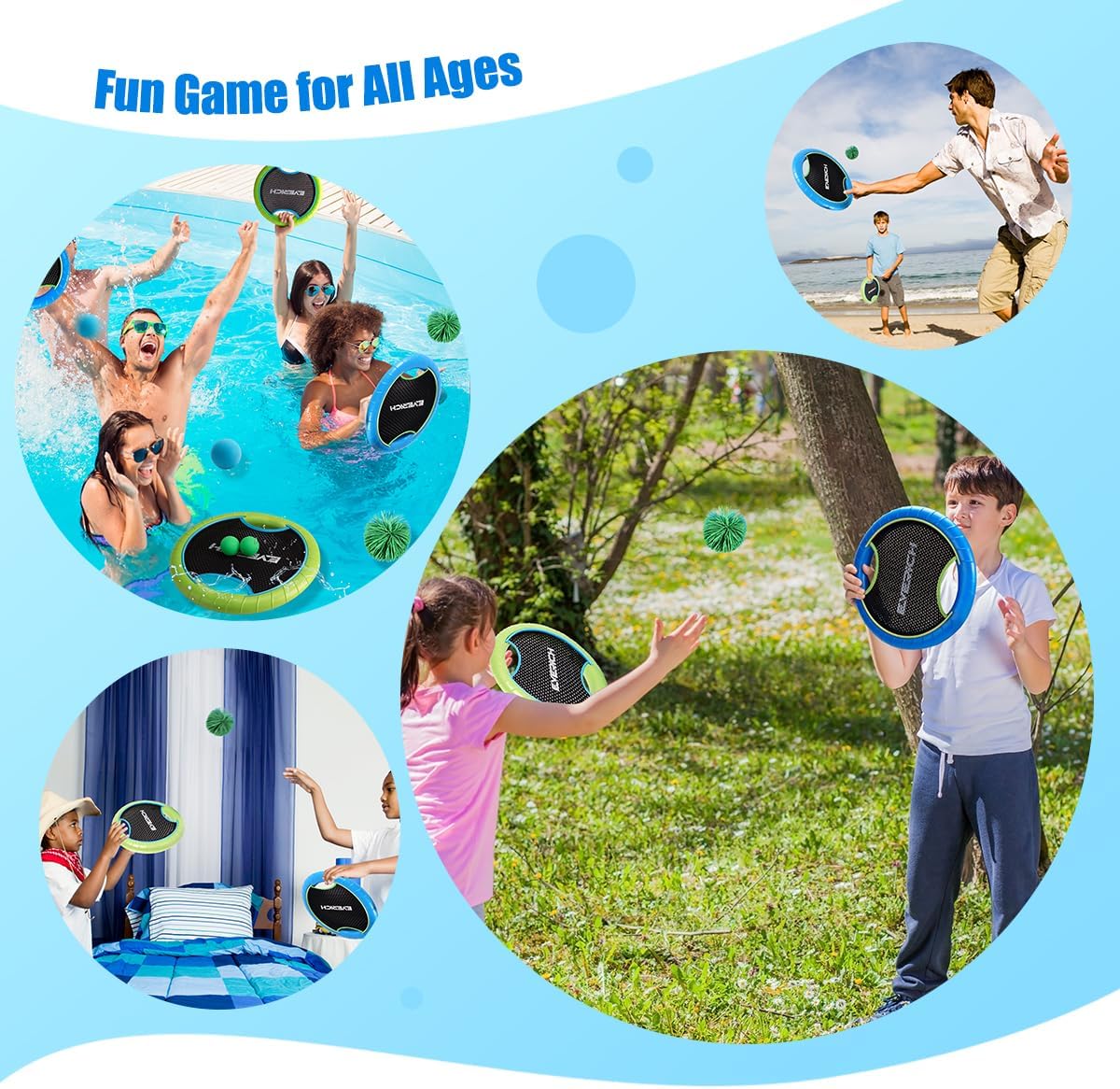 EVERICH TOY Trampoline Paddle Ball Set with 2 Bouncy Paddles & 4 Balls - Soft Foam Design for Kids Play Indoor Outdoor Beach Backyard Lawn - Great Gift Idea for Boys & Girls